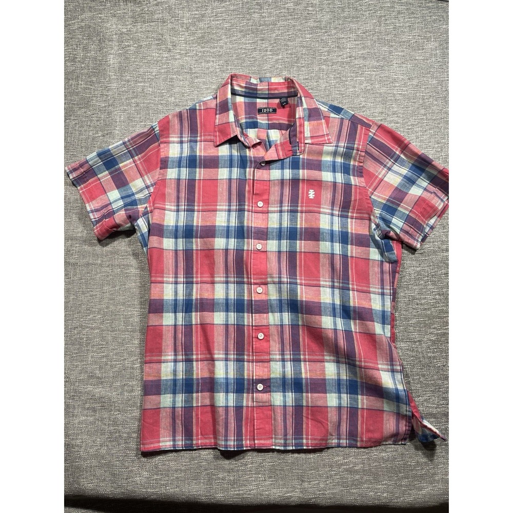 IZOD Men's Plaid Woven Cotton Short Sleeve Button-Up Point Collar Embroidered L